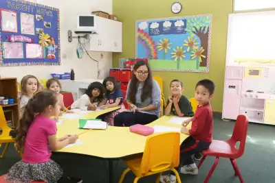 Preschool teacher doing an activity with children, with everyone smiling, showing caring hands-on learning support at Newport Ave Preschool